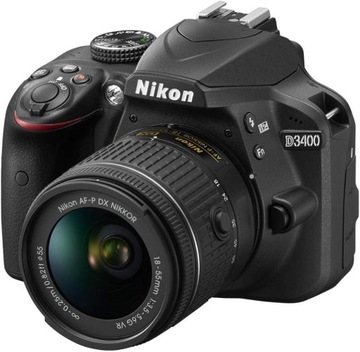 Nikon D3400 + NIKKOR AF-P DX 18-55 f/3.5-5.6G VR kolor aparatu czarny.