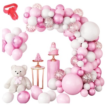 ZESTAW BALONOW RÓŻ BIAŁA GIRLANDA BABY SHOWER URODZINY ROCZEK CHRZEST