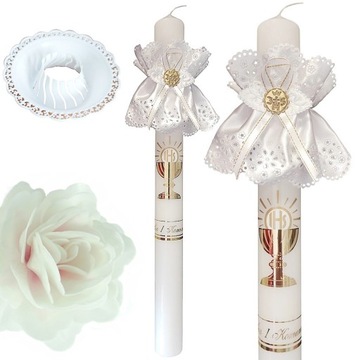 KSIĄŻECZKA MODLITEWNIK KOMUNIA + RÓŻANIEC PEREŁKA + PUDEŁECZKO + ŚWIECA MK