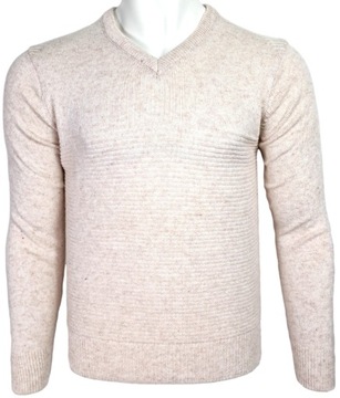 Sweter męski wełniany kremowy w serek W379 ciepły v neck r. XXL