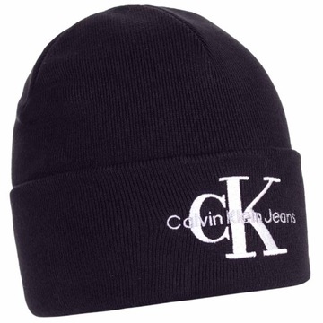 CALVIN KLEIN CZAPKA ZIMOWA MONOLOGO BEANIE CZARNA 100% BAWEŁNA CIEPŁA