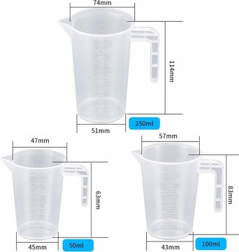 Zestaw 3 kubków z miarką, 50 ml, 100 ml, 250 ml, p