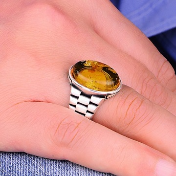 Natural Amber Stone 925 Sterling Silver Men's Ring