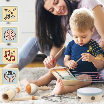 DREWNIANE INSTRUMENTY MUZYCZNE ZESTAW MONTESSORI DLA DZIECI BĘBENEK FLET