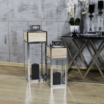 Duża srebrna latarnia lampion chrom+drewno 2w1 68c