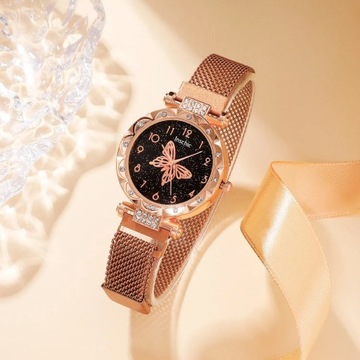 Luksusowy zegarek damski z różowym złotym pierścionkiem naszyjnik kolczyk