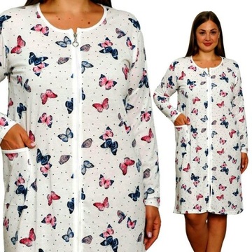 SZLAFROK DAMSKI PODOMKA BAWEŁNA 100% SUWAK BIAŁY wzór długi rękaw rozm.4XL