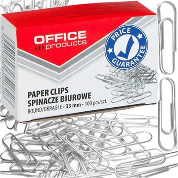 SPINACZE BIUROWE OKRĄGŁE OFFICE PRODUCTS 33 MM SREBRNE 100 SZTUK