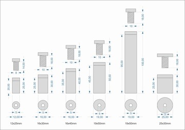 Монтажные расстояния для стекла, 12 шт., нержавеющая сталь 19х100