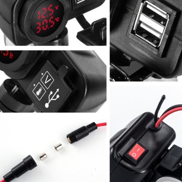 Зарядное устройство для мотоцикла 2xUSB Вольтметр ТЕРМОМЕТР