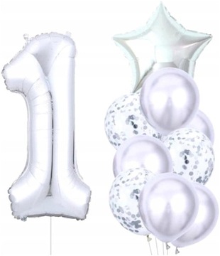 Balony 10szt na urodziny roczek Srebrne konfetti