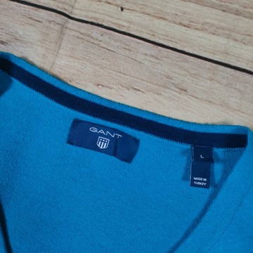 GANT Sweter Męski Cashmere V Neck Niebieski Logowany r. L