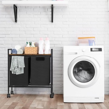 KOSZ NA PRANIE Z PÓŁKĄ I KÓŁKAMI 2 KOMORY DO SEGREGACJI 85L REGAŁ LOFT