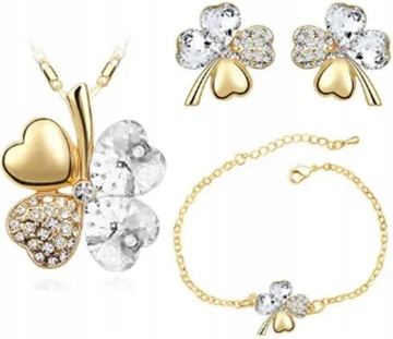 Złoty zestaw biżuterii białe koniczynki kryształowe koniczyny pozłacany