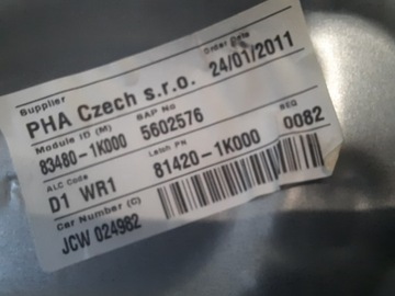 HYUNDAI IX20 10-15 ZVEDÁK OKNO ZADNÍ PRAVÝ 81420-1K000 G4FA