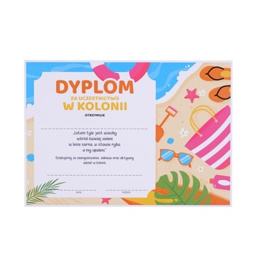 DYPLOM UCZESTNICTWA W KOLONIACH OBOZIE DLA DZIECI - PLAŻA (A4) - LearnHow