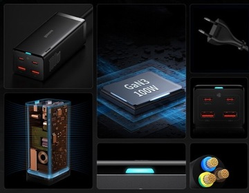 БЫСТРОЕ ЗАРЯДНОЕ УСТРОЙСТВО BASEUS GaN3 2x USB-C/2x USB 100 Вт, быстрый + кабель 1,5 м