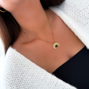 Naszyjnik z turmalinem i ażurowym księżycem czarny kamień naturalny stal