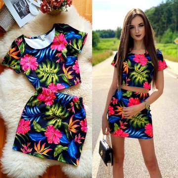 CZERWONY KOMPLET Krótka BLUZKA TOP + SPÓDNICZKA MINI na GUMCE na Lato XS/S