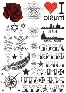 Tatuaż MIX ALFABET dowolny tekst I LOVE MUSIC róża