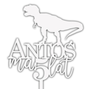 TOPPER NA TORT URODZINY DINOZAUR TREX NAPIS BIAŁY