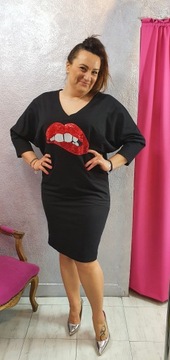 Plus Size r.58 Sukienka Dres czarna Cekiny czerwon