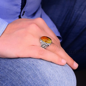 925K Natural Amber Men's Silver Ring Turkish Artisanal Ring
