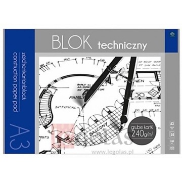 Blok techniczny A3, biały, 240 g/m2, 10 kartek, Pr