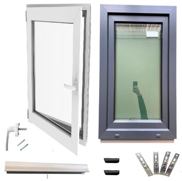 Okno PCV ANTRACYT 40x60 LEWE, NOWE 400x600 mm rozwierno uchylne, dwuszybowe