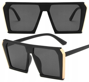 Okulary czarne damskie duże kwadratowe blogowe geometryczne złote wstawki