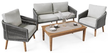 Meble ogrodowe 4os drewno sznurek zestaw taras sofa fotele stolik poduszki
