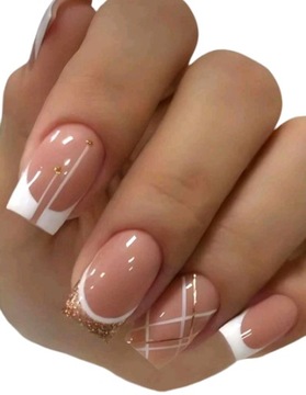 Paznokcie PRESS ON NAILS TIPSY 24 french asymetryczny linie BROKAT