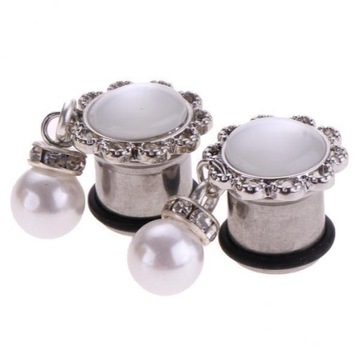 2x 2pcs Stainlss Pearl Crystal Flared Tunnel Ear