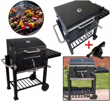 Grill Węglowy Ogrodowy Pokrywa Duży Termometr 2 Ruszty + Dmuchawa GRATIS