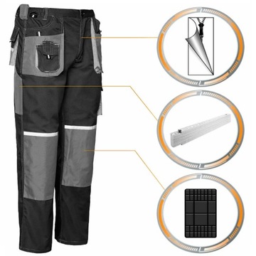 WZMACNIANE SPODNIE ROBOCZE DO PASA POTRÓJNE SZWY ODBLASKI 9 KIESZENI MOCNE
