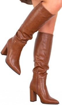 KOZAKI SKÓRZANE CZARNE W SZPIC NA SŁUPKU 37