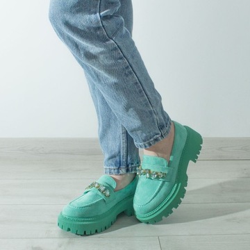 Женские замшевые мокасины на платформе с камнями Green Mint 41