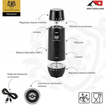 ELEKTRYCZNY MŁYNEK do SOLI i PIEPRZU USB-C LED MŁYNEK do PRZYPRAW DIODA LED