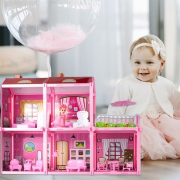 КУКОЛЬНЫЙ ДОМ + КУКЛА + МЕБЕЛЬ РОЗОВАЯ ВИЛЛА 5 КОМНАТ С ТЕРРАСОЙ