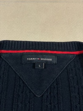 Tommy Hilfiger Sweterek Damski V-neck Granat Logo Unikat Klasyk S