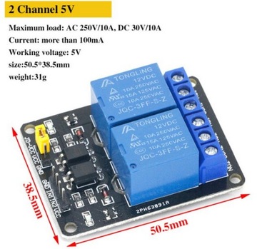 MODUŁ 2 KANAŁOWY PRZEKAŹNIK diody 12V 10A arduino