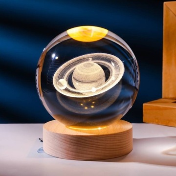 SZKLANA KULA LAMPKA NOCNA NA BIURKO LED DEKORACYJNA 3D SATURN + PREZENT