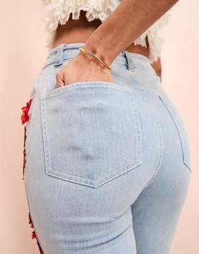 NIEBIESKIE SPODNIE JEANS ZDOBIENIE KWIATY KORALIKI QSM NH8__M