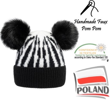ШАПКА ЗИМНЯЯ ШЕРСТЯНАЯ, ДВА ПОМПОНА ЗЕБРА ГАГА, Черный