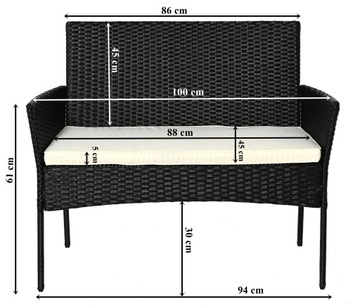 Комплект садовой мебели для отдыха, диван, 2 кресла, черный журнальный столик.