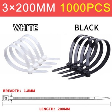 Biały (1000 szt.) 3x200 mm 1000 szt./worek Samoblokujący plastikowy nylonow