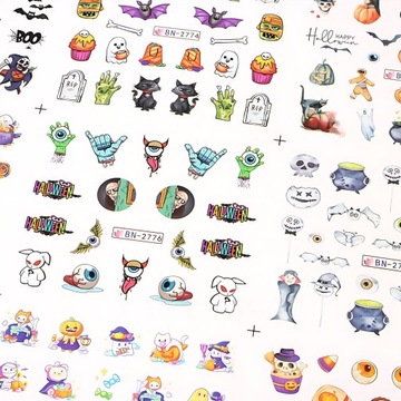 ВОДНЫЕ НАКЛЕЙКИ для нейл-арта, лист из 12 рисунков черепов на Хэллоуин.