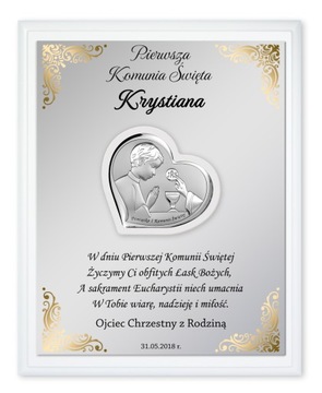 OBRAZEK SREBRNY PREZENT PAMIĄTKA KOMUNII ŚWIĘTEJ W OZDOBNYM PUDEŁKU