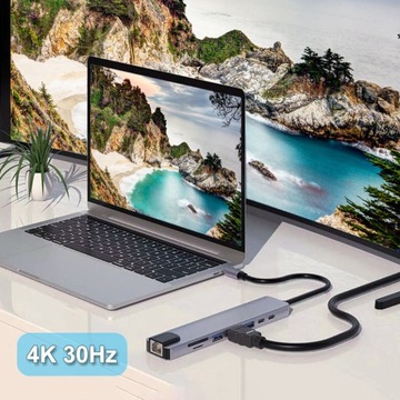 Адаптер HUB Разветвитель USB-C для ноутбука 8в1 USB 3.0 HDMI 4K LAN алюминий 100Вт