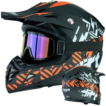 KASK MOTOCYKLOWY CROSS HORN ENDURO QUAD POD INTERKOM ECE22-06 + GOGLE XS